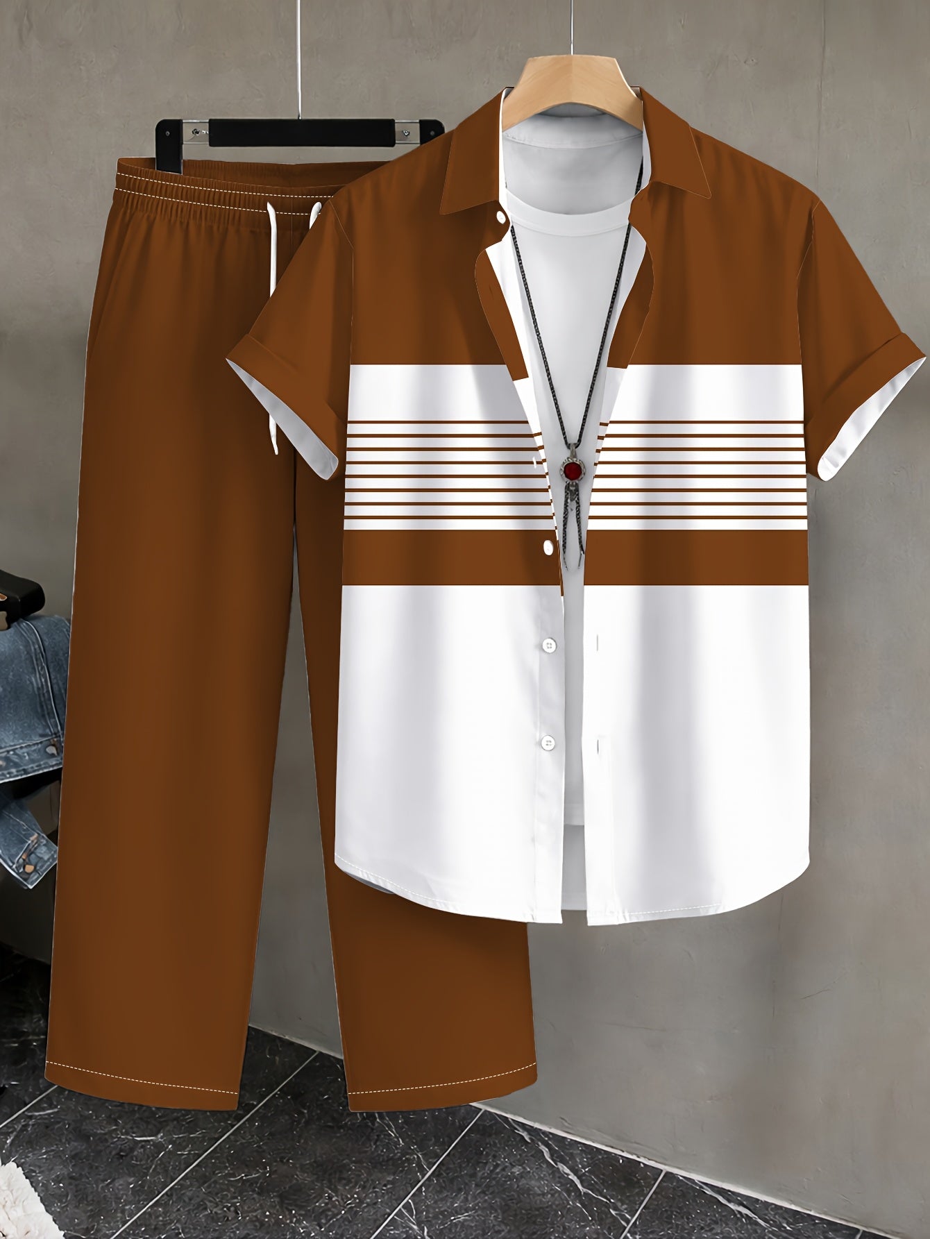 Men's Casual Color-Block Shirt and Pants Set for Summer