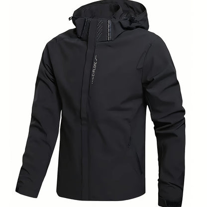 Men's Hooded Casual Windbreaker Jacket - 100% Polyester, Non-Stretch Woven Fabric, Long Sleeve, Regular Length, Alphabet Pattern, Zippered Pockets, Detachable Hood - All-Season Outdoor Lightweight Coat