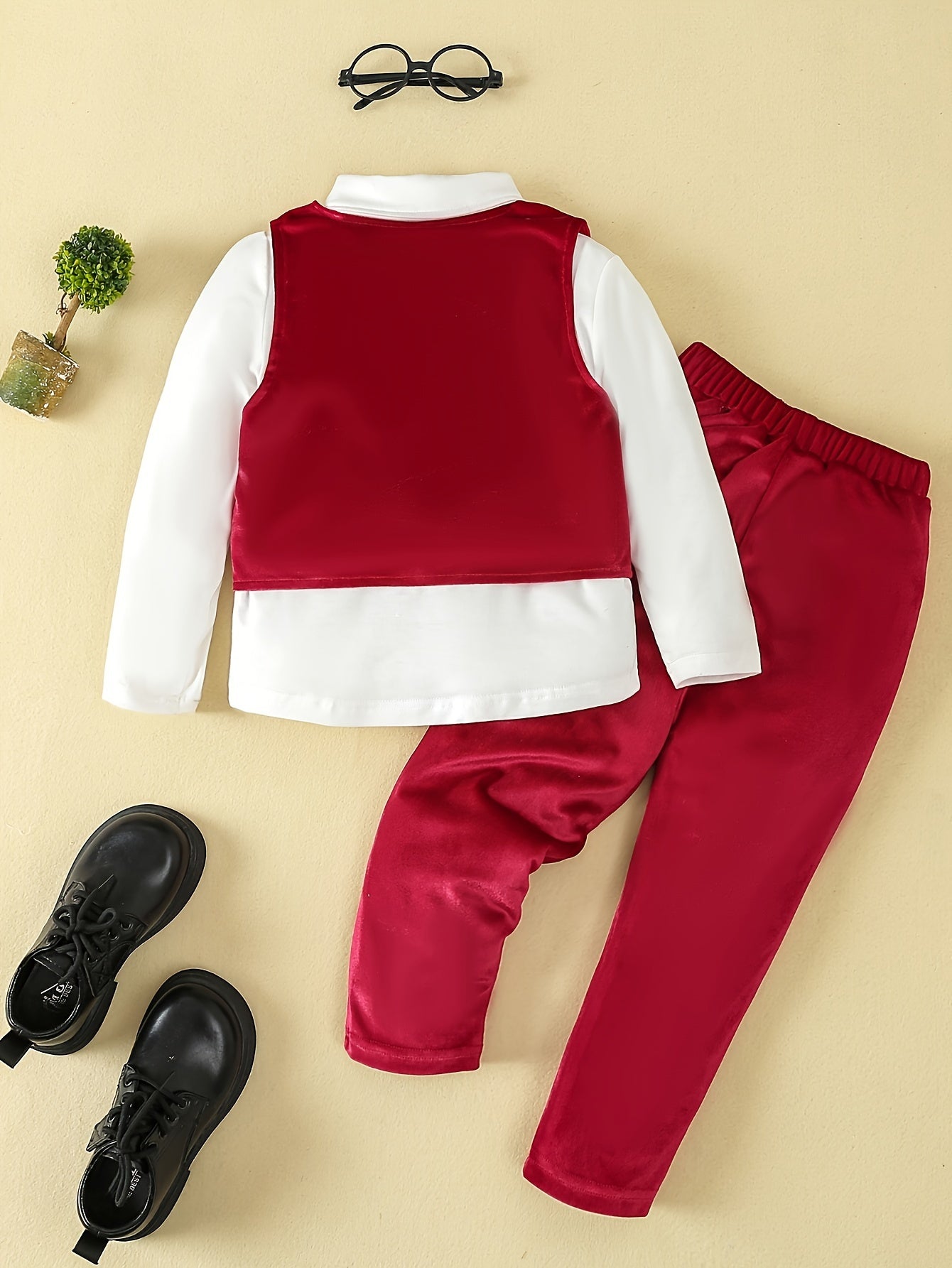 3pcs Boys' Gentleman Suit Set, Knitted Polyester, Solid Color, Slight Stretch, Regular Fit, with Long Sleeve Shirt, Bow Tie, Velvet Vest, and Pants, for Special Occasions - Party Outfit for Ages 12 and Under