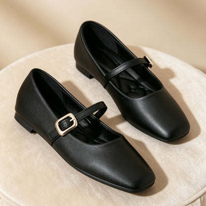 Women's Black Square-Toe Mary Jane Flats with Buckle, Comfortable All-