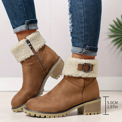 Chunky And Clssic Women'S Ankle Boots, Comfortable And Elegent Woemen Shoes. Warmth Khaki、Black And Beige Winter Women' Boots. Solid-Colored. Fleece-Lined Boots, Heighten And Non-Slip Lighhtweight Shoes with Cute Round Toe.