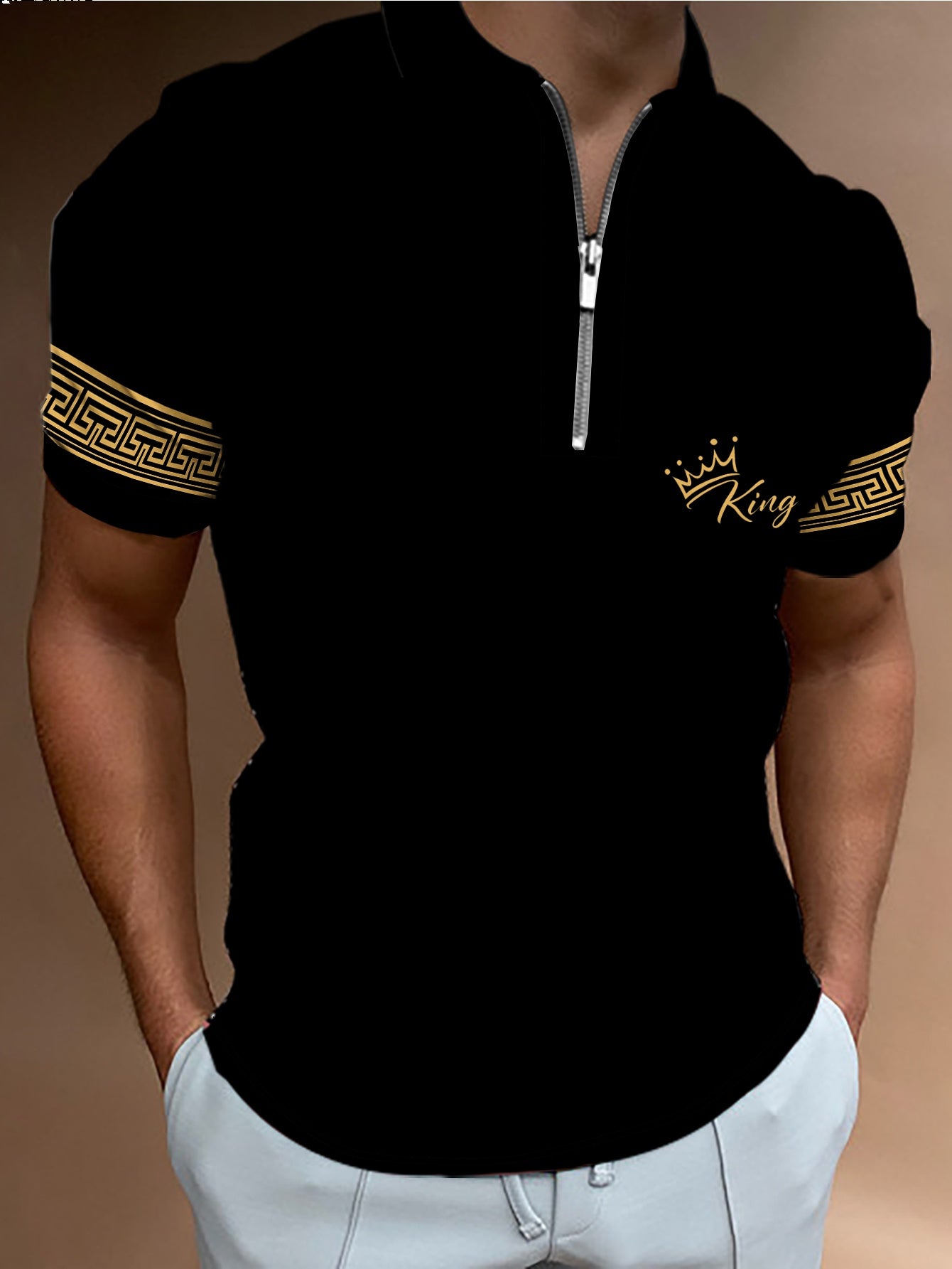 Men's Fashion Stand Collar Zip Short Sleeve Shirt Trendy Geometric Pattern Crown Letter Print Casual T-Shirt||, - ayq