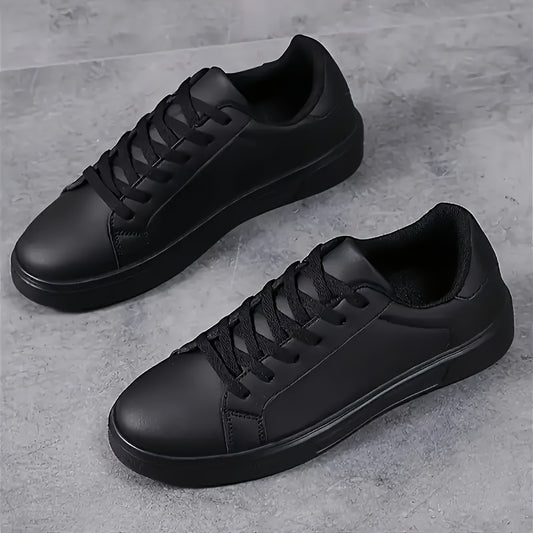[1 Pair Men'S Black Faux Sneakers] 1 Pair Men'S Classic Black Faux Low-Top Sneakers, Round Toe, Casual Sports Style, All-Season Slip-Resistant Durable Shoes with EVA Sole, Breathable Fabric Lining, Lace-Up Closure