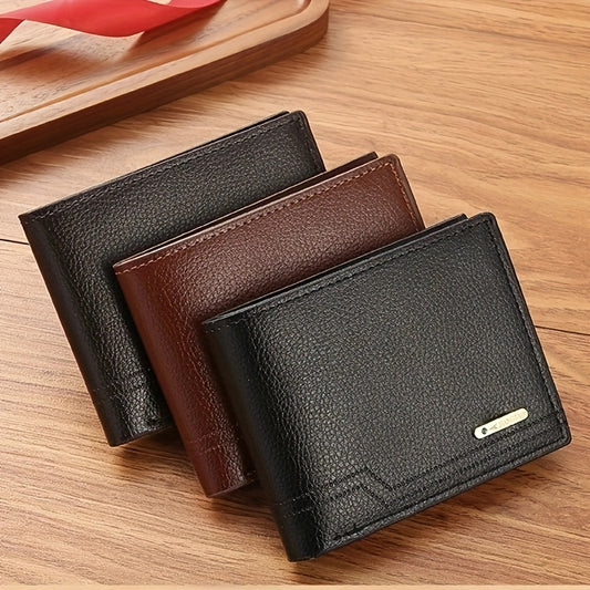 Men'S Business Style Faux Leather Wallet - Solid Color Faux Leather with Color Block Detail, Non-Braided Weave, Compact Short Bifold Design for Easy Carry