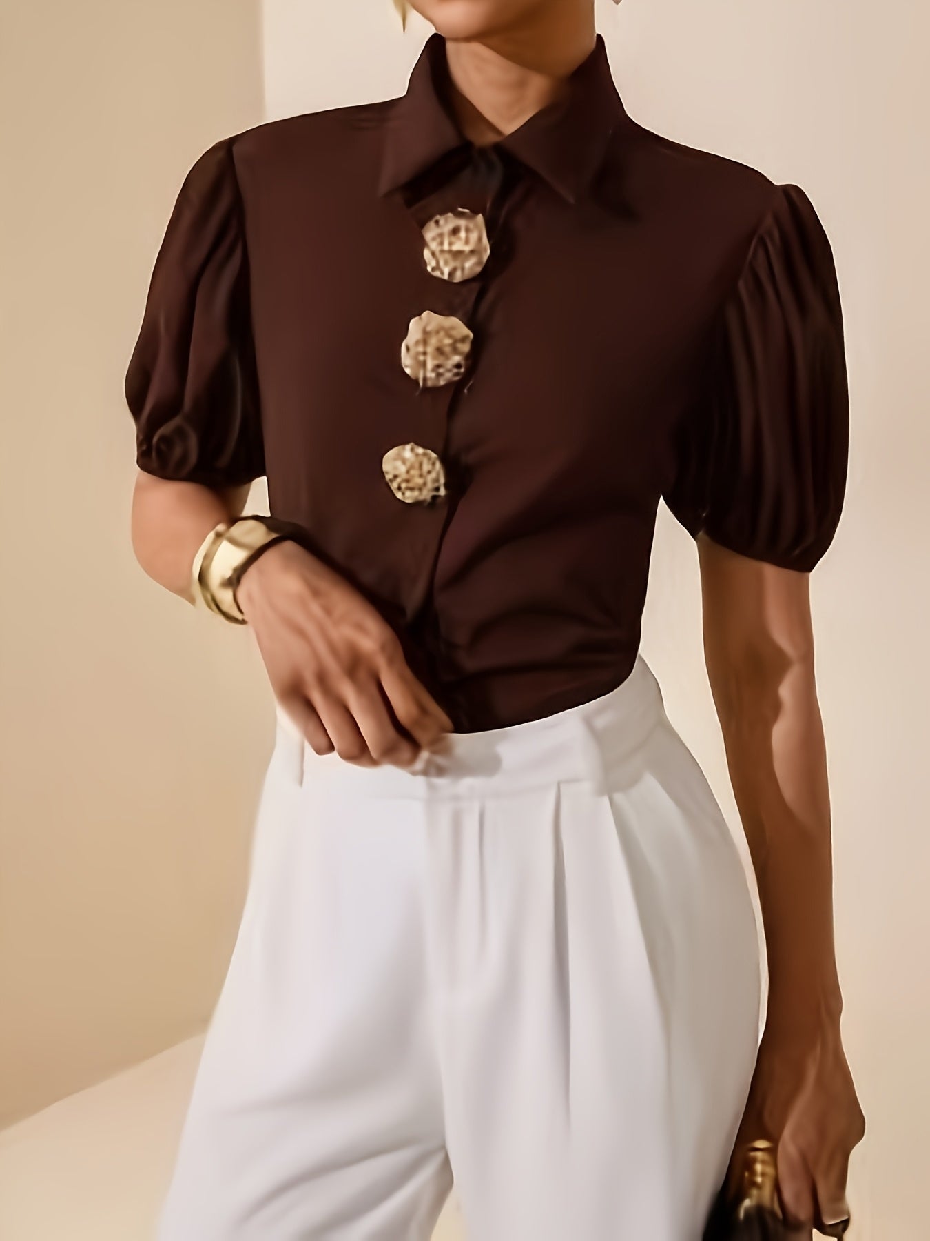 Women's Elegant Solid Color Puff Sleeve Shirt with Metal Buttons