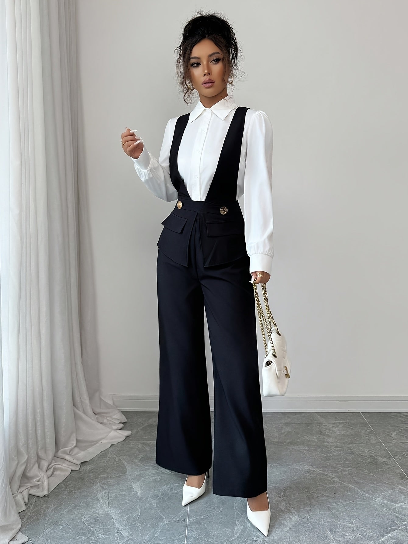 Women's Elegant Black Deep V-Neck Polyester Jumpsuit