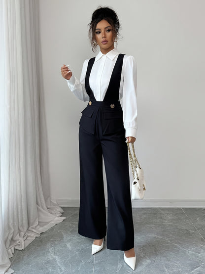 Women's Elegant Black Deep V-Neck Polyester Jumpsuit