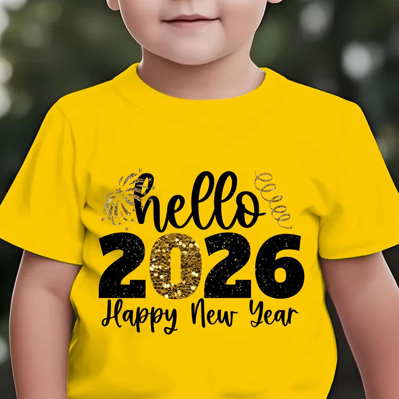 Boys' 2026 New Year'S Eve Party T-Shirt - Hello 2026 Happy New Year Fireworks Print with Golden & Lettering - Lightweight Summer Tee for Birthday Party Outfit, New Year'S Eve Celebration - Easy-care Kids Shirt, New Year T Shi