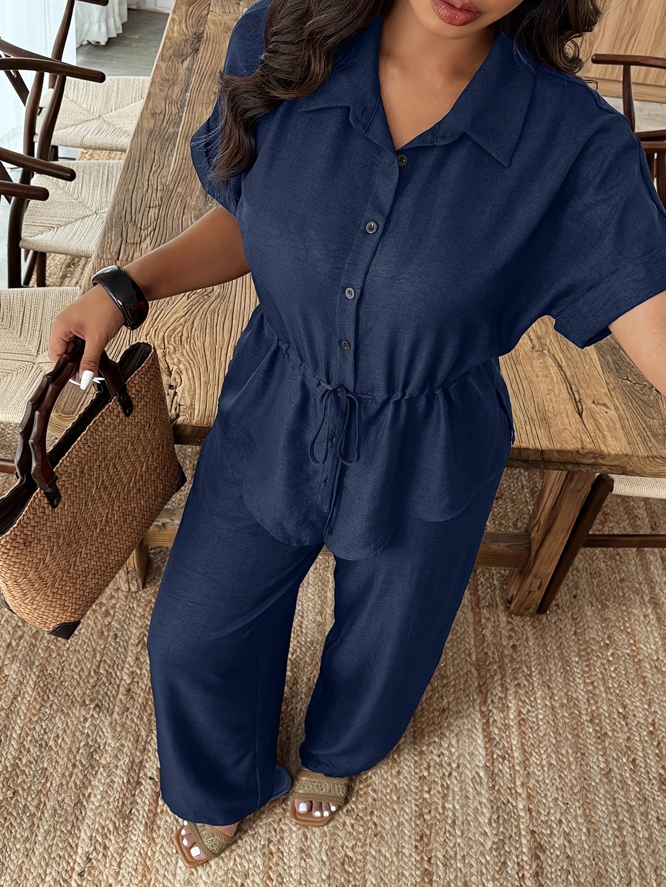 Women's Elegant Polo Neck Pullover & Solid Long Pants Set