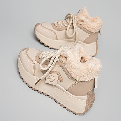 Կանացի ձմեռային ձնագնացքներ հաստ, փափուկ PVC ներբանով՝ բարձրացնող էֆեկտով - սահքից պաշտպանող, արհեստական կաշվե վերնամասով և փափուկ ծածկույթով, բեժ/սև գույն - ամենագնացքային ճկունություն սառույցի, ձյան և ամենօրյա կրման համար -