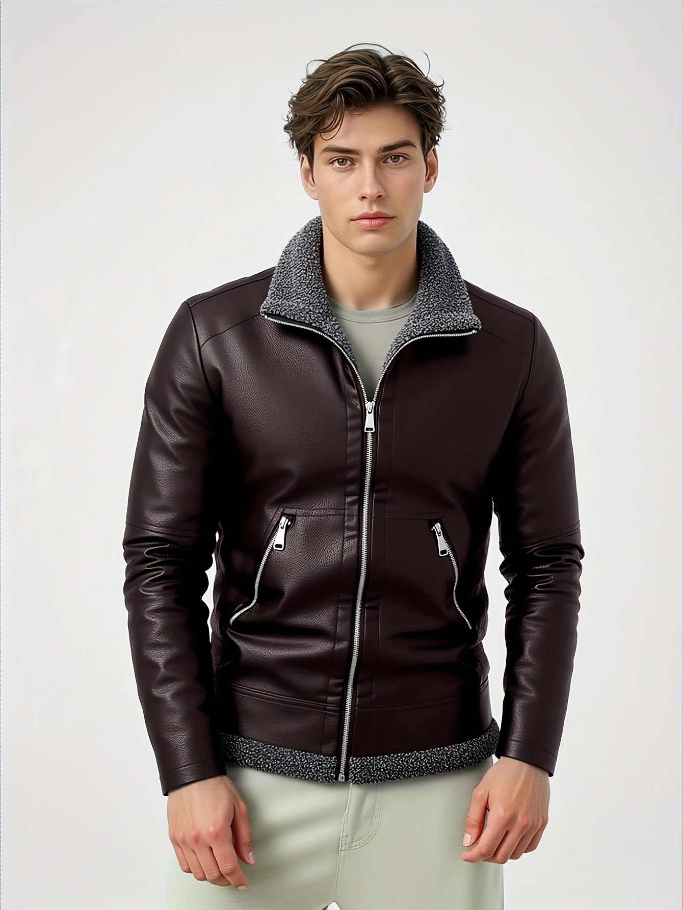 Men'S Cozy Fleece-Lined Bomber Jacket - Thick Winter Coat with Multiple Pockets, Zip-Up Casual Pilot Style, Brown, Polyester Lining, Perfect for Fall & Winter, Winter Bomber Jacket