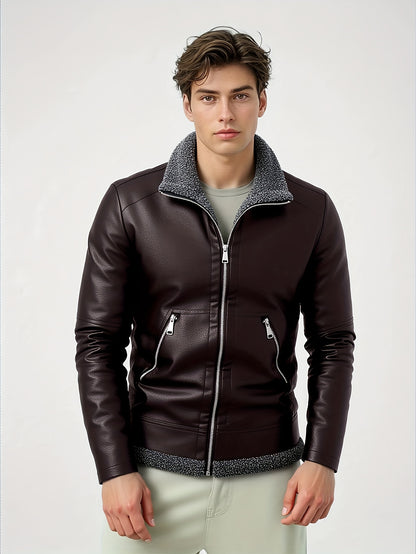 Men'S Cozy Fleece-Lined Bomber Jacket - Thick Winter Coat with Multiple Pockets, Zip-Up Casual Pilot Style, Brown, Polyester Lining, Perfect for Fall & Winter, Winter Bomber Jacket