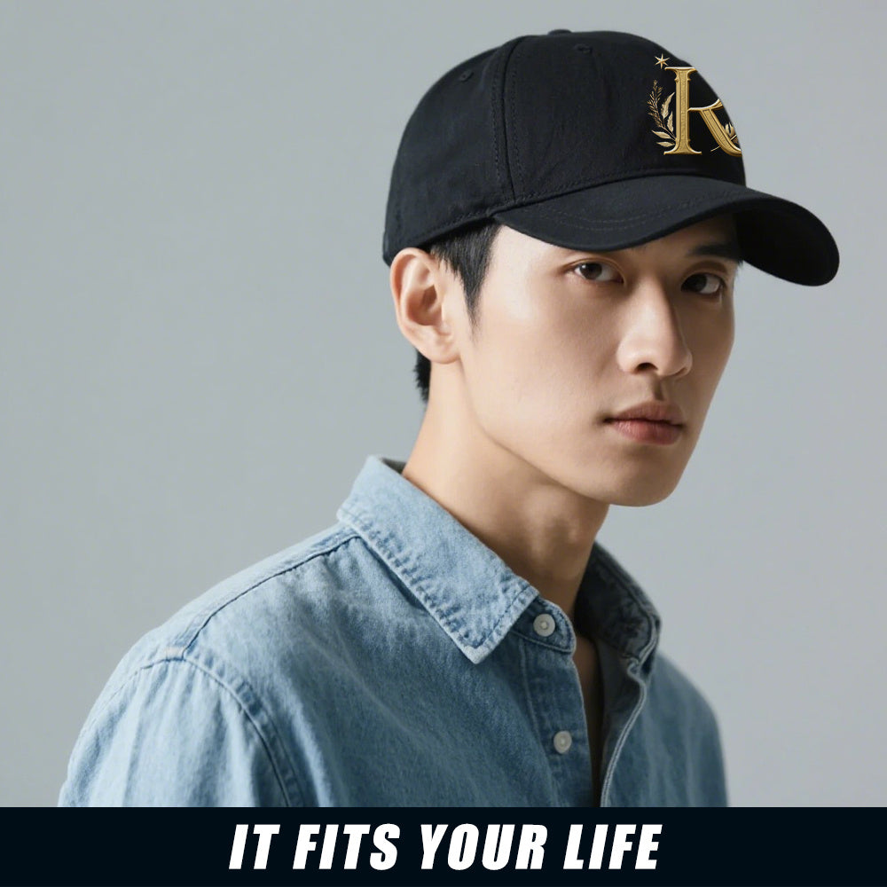 Lightweight Adjustable Baseball Cap with Golden Letter R and Wheat Ear