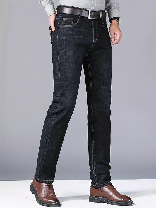 Men's Classic Business Casual Jeans - All-Season Black Denim with Patch Detail, Comfort Fit & Versatile Style