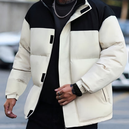 Տղամարդու ձմեռային գունային բլոկներով բաճկոն՝ կանգնած օձիքով - սև և առօրյա տաք վերարկու՝ բացօթյա օգտագործման համար, պոլիեսթերով լցված կայծակաճարմանդ առջևի մասով, սովորական չափսի՝ ցուրտ եղանակի համար, չձգվող գործվածք