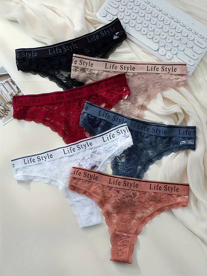6-Pack Women's Lace Low Rise Thong Underwear - Comfortable & Sexy