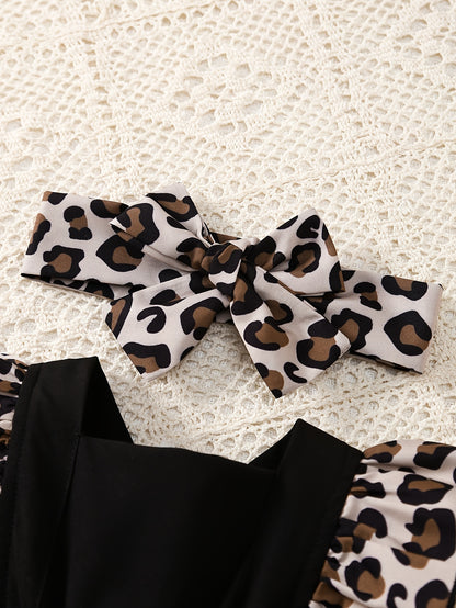 2pcs Set for Newborn Girls, Cute Leopard Print Ruffle Dress with Elastic Waist and Bowknot, Matching Headband, 100% Polyester Woven, Regular Fit, for Outdoor