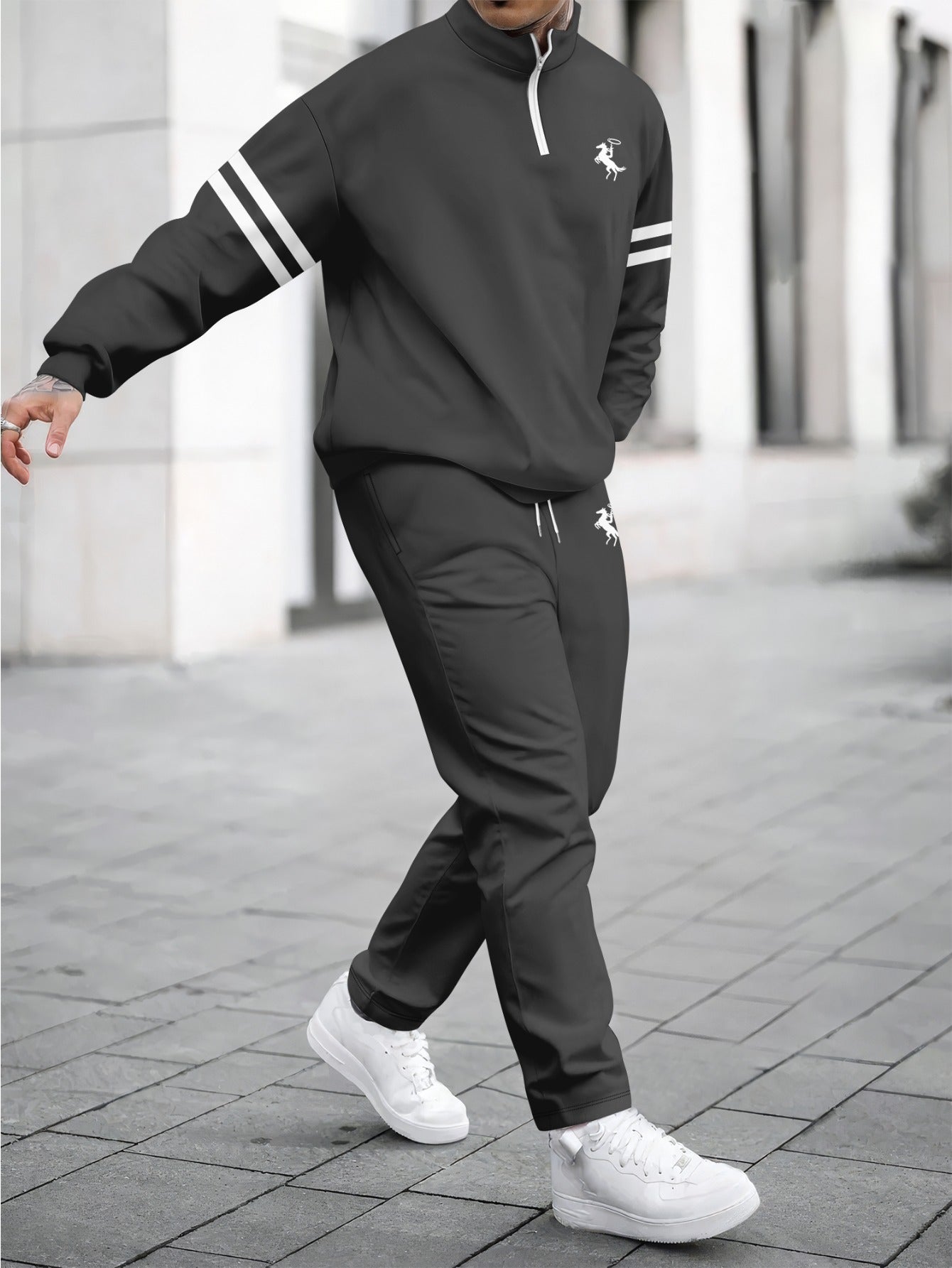 Men's 3D Printed Long Sleeve Sweatshirt and Pants with Zipper, Letter Print Loose Fit Casual Sportswear 2pcs Set for Spring and Autumn