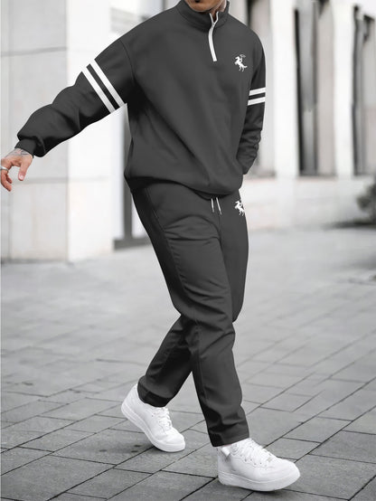 Men's 3D Printed Long Sleeve Sweatshirt and Pants with Zipper, Letter Print Loose Fit Casual Sportswear 2pcs Set for Spring and Autumn