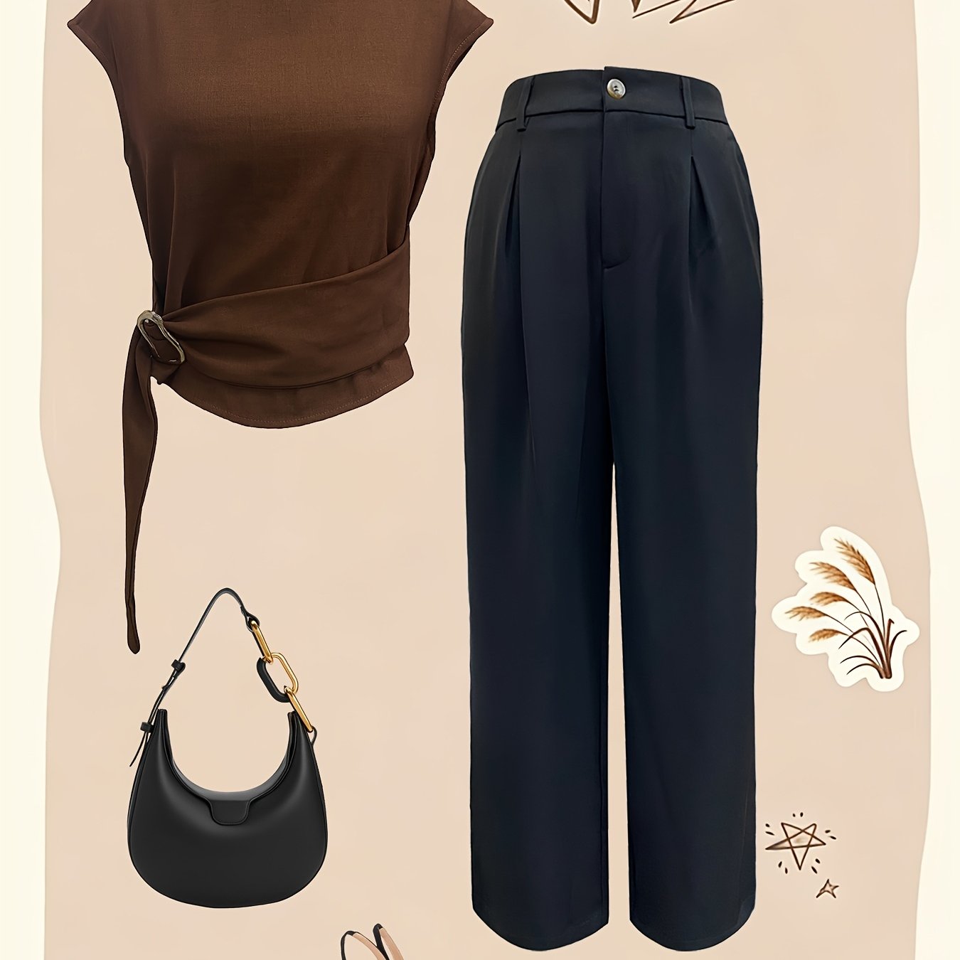 A Women'S Outfit Consisting of a Top And Straight-Leg Pants, Featuring a Half-High Collar, Short Sleeves, a Fitted Waist with a Wavy Buckle, Paired with a Tailored Narrow-Leg Wide Pant That Creates a Effect And an Elegant Dra - ayq