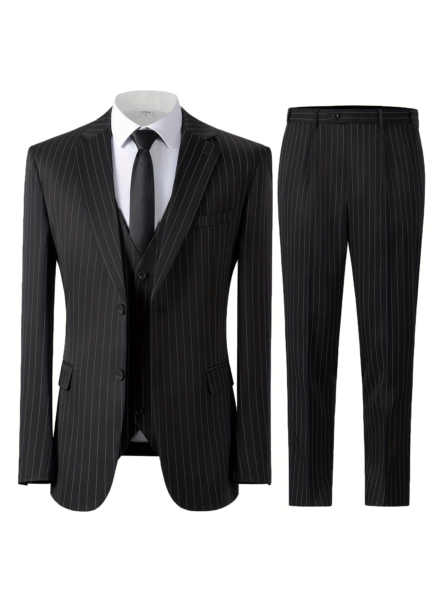 Men's Slim Fit Striped Three-Piece Suit with Vest and Pants
