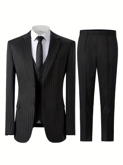 Men's Slim Fit Striped Three-Piece Suit with Vest and Pants