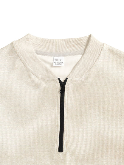Men's Waffle Knit Zipper Shirt, Rib Collar Short Sleeve T-Shirt, Casual Breathable Summer Top - ayq