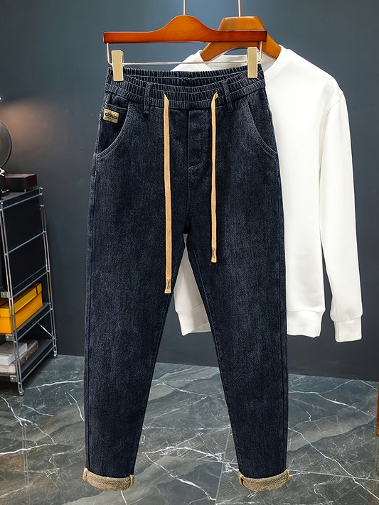 Men's High-Waist Stretch Denim Jeans with Drawstring Waist