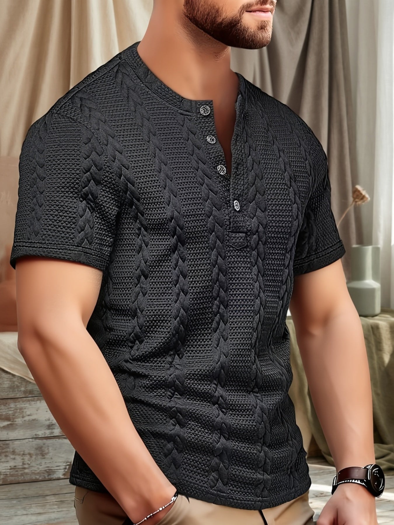 Men'S Fashion Knitted Shirt | Casual Crew Neck, Half Placket, Button Details, Short Sleeves, Solid Color with Slight Stretch Fabric - CLQWE - ayq