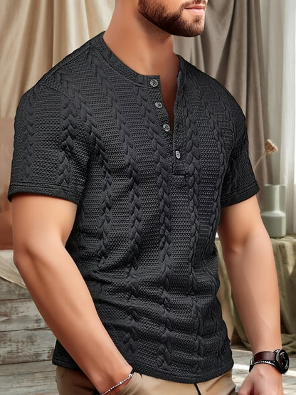 Men'S Fashion Knitted Shirt | Casual Crew Neck, Half Placket, Button Details, Short Sleeves, Solid Color with Slight Stretch Fabric - CLQWE - ayq