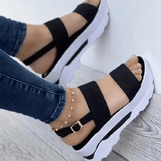 Mhysa Women's Comfortable Open-Toe Platform Sandals with Thick Sole & Golden Buckle Strap - Summer Casual White PU Cover Ankle Strap Sandals for Casual Attire, Ladies Sandals