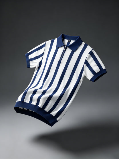 Men's Slim Fit Vertical Stripe Knit Polo with Half-Zip Collar