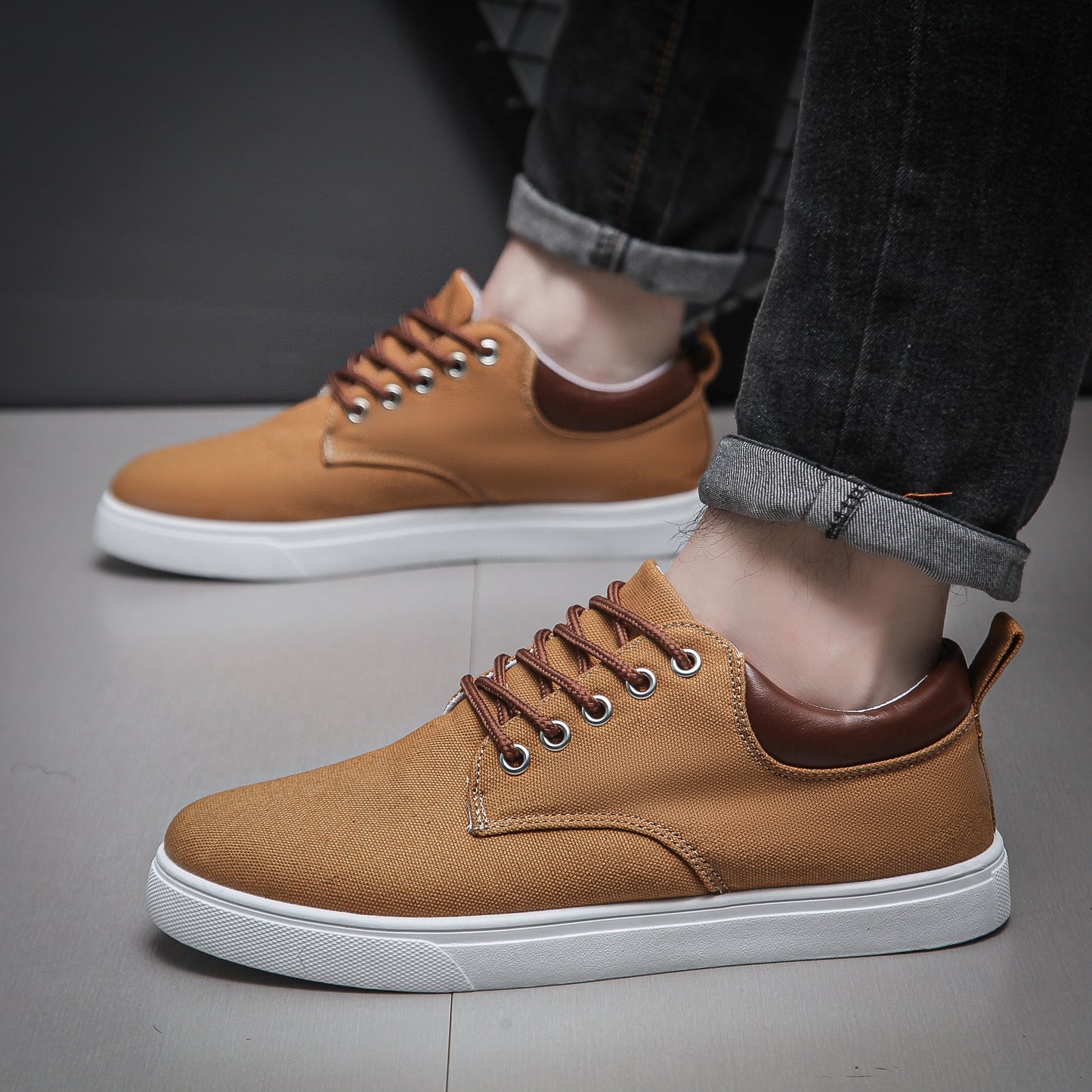 Men's Navy Blue Canvas Sneakers - Breathable, Durable, Non-Slip Casual Shoes with Brown Accents & White Sole - Perfect for Spring, Summer, and Fall Outdoor Wear, Everyday Sneakers | Casual Sporty Look | Breathable Canvas Uppe