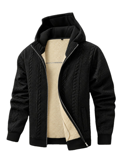 Men's Thickened Hooded Jacket with Cable Knit Embossing