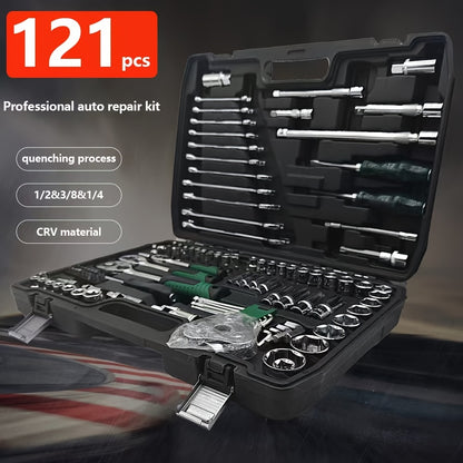 Black 46 and 121pcs of household car repair kit with plastic storage box, motorcycle repair kit, outdoor bicycle emergency bicycle repair tool, including hex wrench, universal joint, screwdriver, extension piece, slider