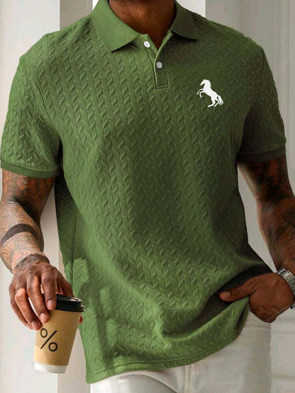 Men'S Casual Short Sleeve Knit Polo Shirt, Polyester Blend with Slight Stretch, Summer Fashion Pullover with Button Details and Print Horse Emblem
