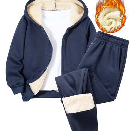 2 հատ տղաների համար նախատեսված բրդյա աստառով գլխարկով սվիտեր + առօրյա տաբատների հավաքածու, միագույն երկարաթև, կայծակաճարմանդով վերնաշապիկ՝ միջին ձգվողության տաք գործվածքից, աշուն/ձմեռ սեզոնի համար, իդեալական է