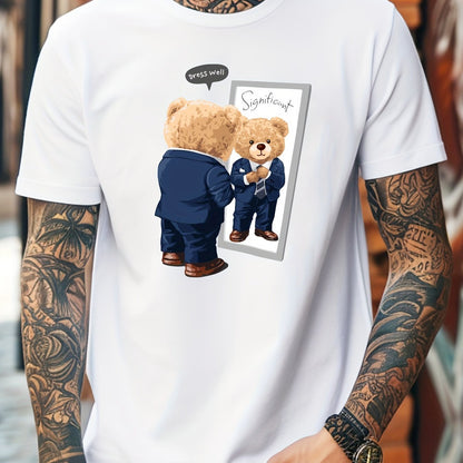 Men's Casual Short-Sleeve T-Shirt with Cool Bear Print - Breathable Polyester Blend, Stretch Fit, Machine Washable - Perfect for Summer, Men's Fashion, Sport