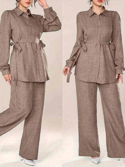 Women'S Solid Color Long Sleeve Knotted Waist Single-Breasted Shirt and Pants Elegant Commuter Set, Two-Piece Summer Autumn Women'S Outfit Office Business Casual Women'S Suit