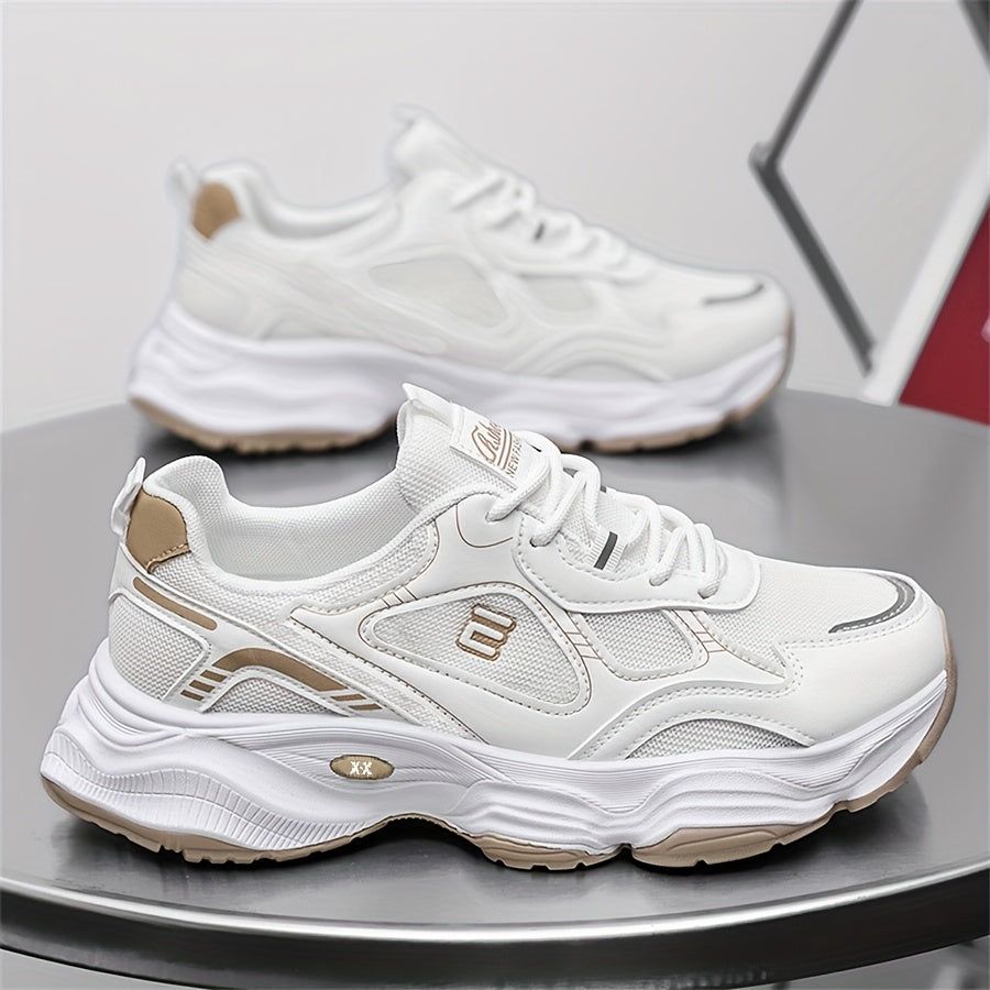 Men'S 2025 New Fashionable Low-Top Sneakers with Thick Sole - Non-Slip, Outdoor Casual Shoes for Teenagers and Young Adults, White and Golden Accents, All-Season Comfort, Casual Footwear   Modern Sneaker Design   Rubber Base