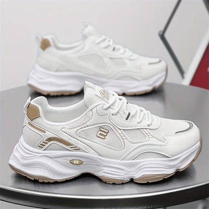 Men'S 2025 New Fashionable Low-Top Sneakers with Thick Sole - Non-Slip, Outdoor Casual Shoes for Teenagers and Young Adults, White and Golden Accents, All-Season Comfort, Casual Footwear   Modern Sneaker Design   Rubber Base