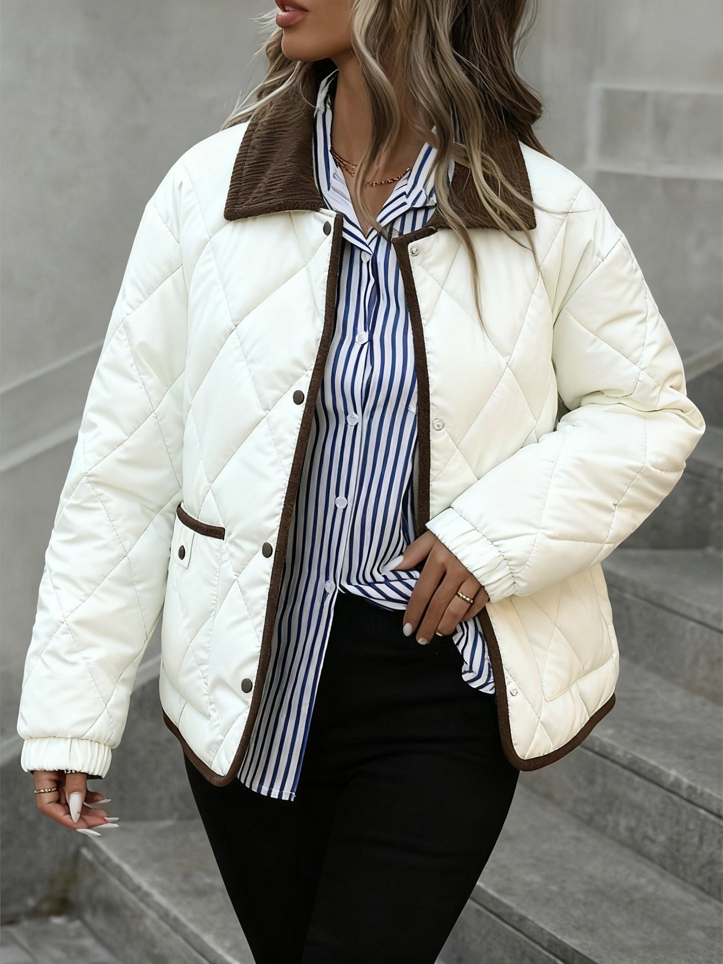 Ռոմբուսաձև նախշերով կանացի նորաձև վերնաշապիկ, օձիքով միահյուսված միաշերտ կարճ վերարկու, ձմեռ 2024, նորույթ, կոնտրաստային զարդանախշ, փոքր չափսի բաճկոն, նորաձև տաք, առօրյա վերնազգեստ, բարձր գնահատականներ ստացած