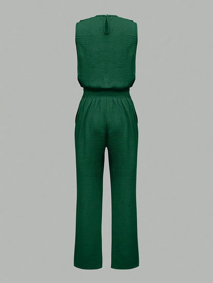 2pcs Women's Casual Elegant Sleeveless Vest and Pants Set with Slant Pockets and Button Details