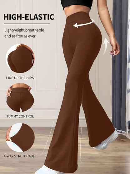 High-Waisted Flared Leggings for Women - Stretchy Black Polyester Pants with Tummy Control, Slimming Fit, and Breathable Design for Spring/Summer/Fall Casual Wear, Spring Summer Leggings | Fitted Leggings | Elastic Waistband