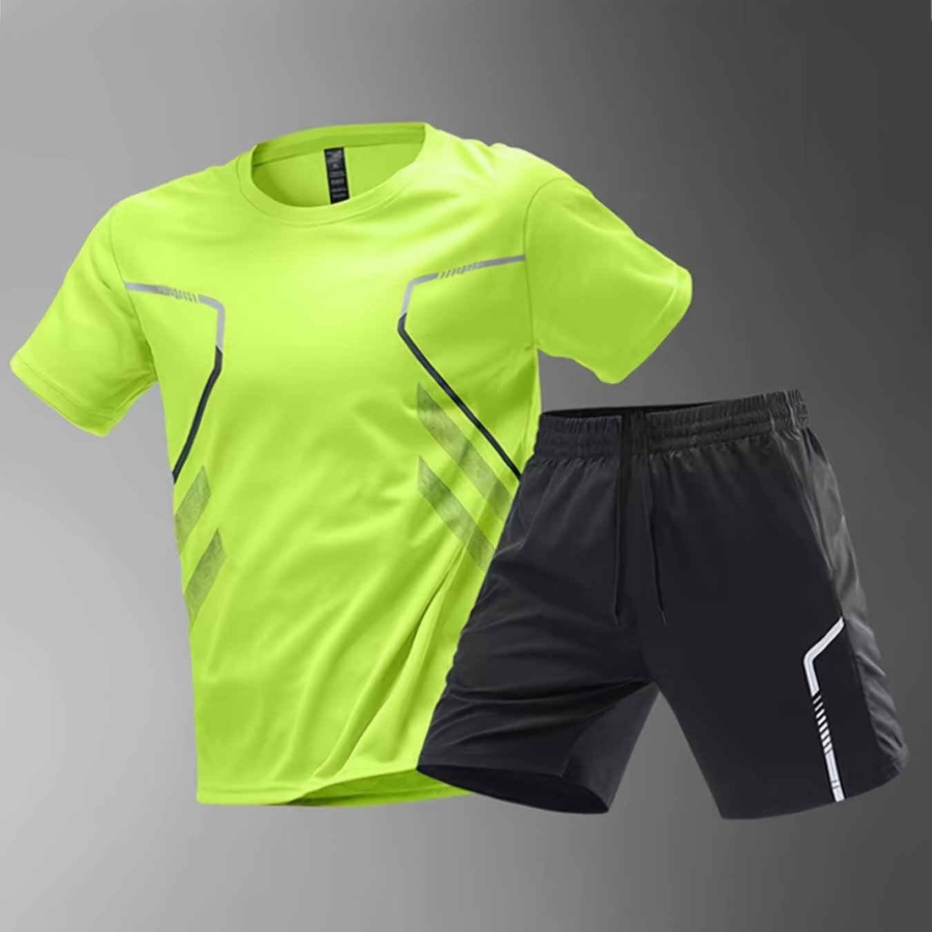 2pcs Men's Summer Sportswear Set - Comfortable Polyester Crew Neck T-Shirt & Black Drawstring Shorts with Side Stripe, Casual Style, Easy Care, Athletic Shorts