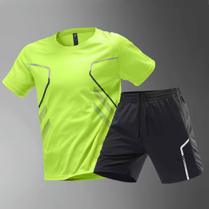 2pcs Men's Summer Sportswear Set - Comfortable Polyester Crew Neck T-Shirt & Black Drawstring Shorts with Side Stripe, Casual Style, Easy Care, Athletic Shorts