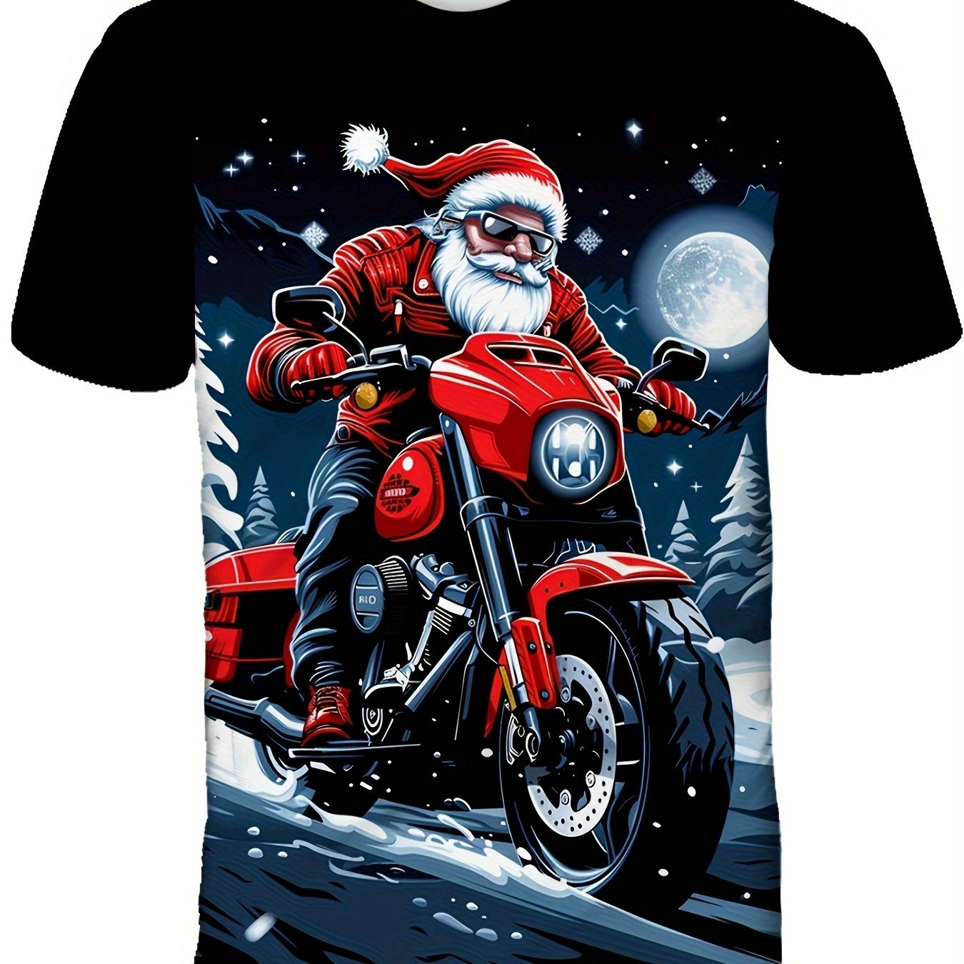 Boys' Santa Claus Motorcycle Graphic T-Shirt - 3D Print Plaid Casual Short Sleeve Tee with Snowy Night Scene, Red Motorcycle & Santa Hat, All-Season Comfort Fit for Outdoor Play & Holiday Fun, Motorcycle T Shirt, Outdoor Play