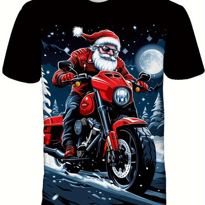Boys' Santa Claus Motorcycle Graphic T-Shirt - 3D Print Plaid Casual Short Sleeve Tee with Snowy Night Scene, Red Motorcycle & Santa Hat, All-Season Comfort Fit for Outdoor Play & Holiday Fun, Motorcycle T Shirt, Outdoor Play