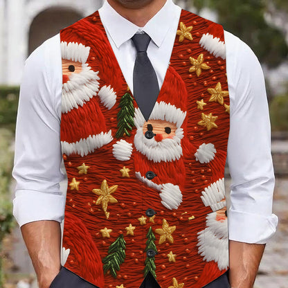Men's Full-Body Print Santa Claus Vest with Collar & - Red/Green/White/Golden Christmas Jacket, Golden Star Buttons, All-Season Party & Casual Coat for Holiday Events, Costumes, and Casual Attire, PLUS SIZE