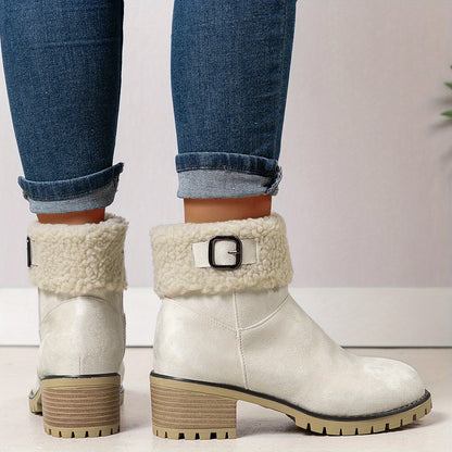 Chunky And Clssic Women'S Ankle Boots, Comfortable And Elegent Woemen Shoes. Warmth Khaki、Black And Beige Winter Women' Boots. Solid-Colored. Fleece-Lined Boots, Heighten And Non-Slip Lighhtweight Shoes with Cute Round Toe.